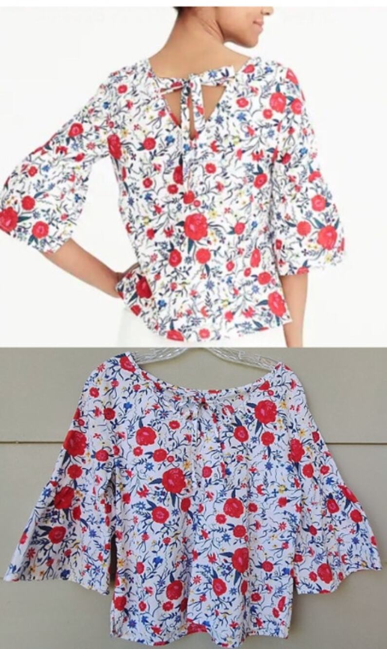 J. CREW Floral Bell 3/4 Sleeves Boxy Blouse Top Red White Blue Cotton Size 4 S